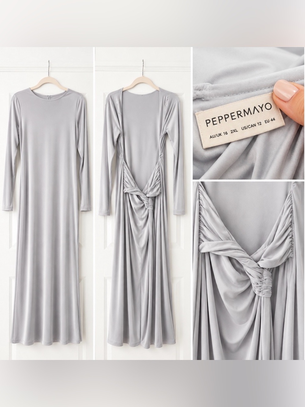Peppermayo Light Silver Long Sleeve Knotted-Back Maxi Dress